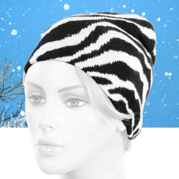 GROOVY GLAM Zebra Print Knit Ski Cap - Picture 1 of 4